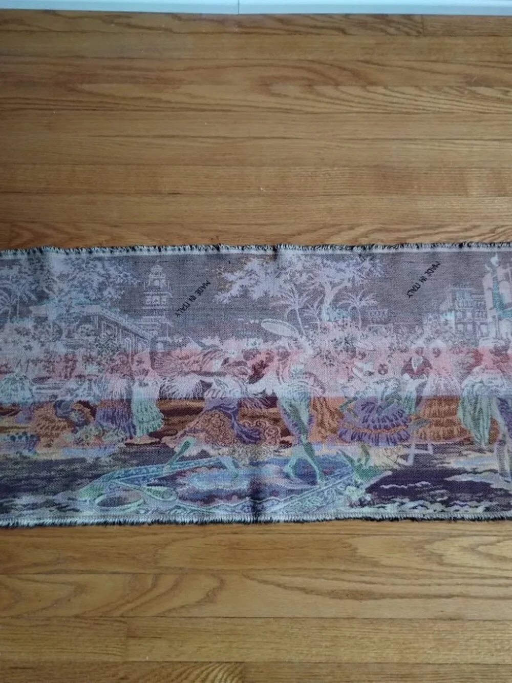 VTG Italian Wall Hanging Wide Tapestry Depicting Town Square Socializing & Party